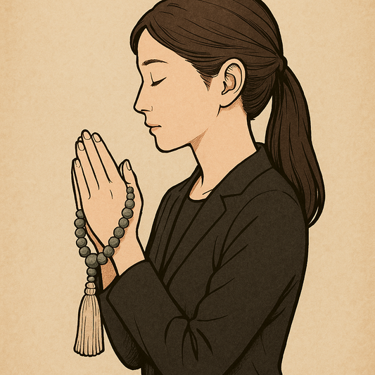 Woman holding granite Juzu in prayer