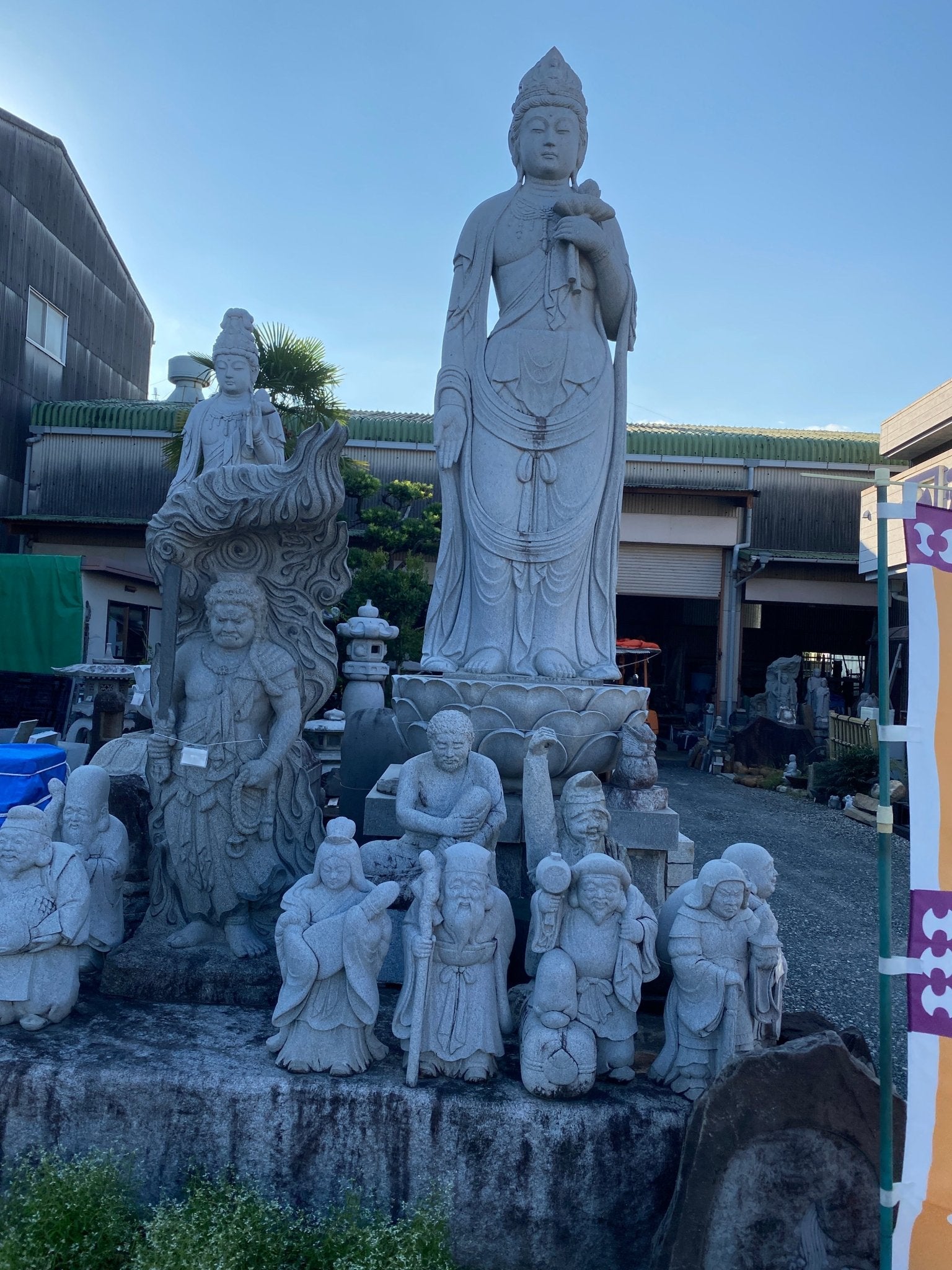 Budai Seven Lucky Gods Jizo Granite Stone Sculpture Handmade