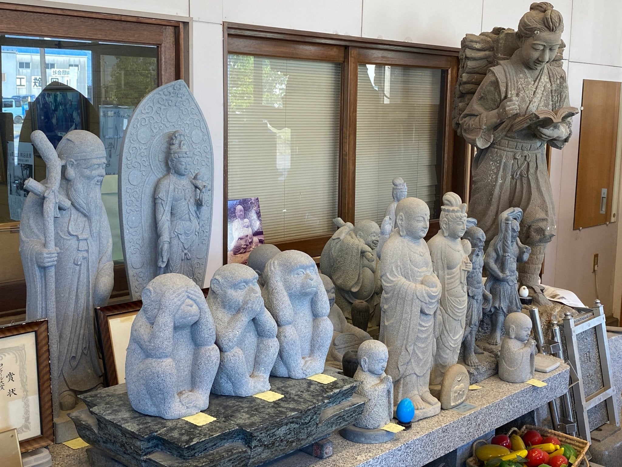 Budai Seven Lucky Gods Jizo Granite Stone Sculpture Handmade