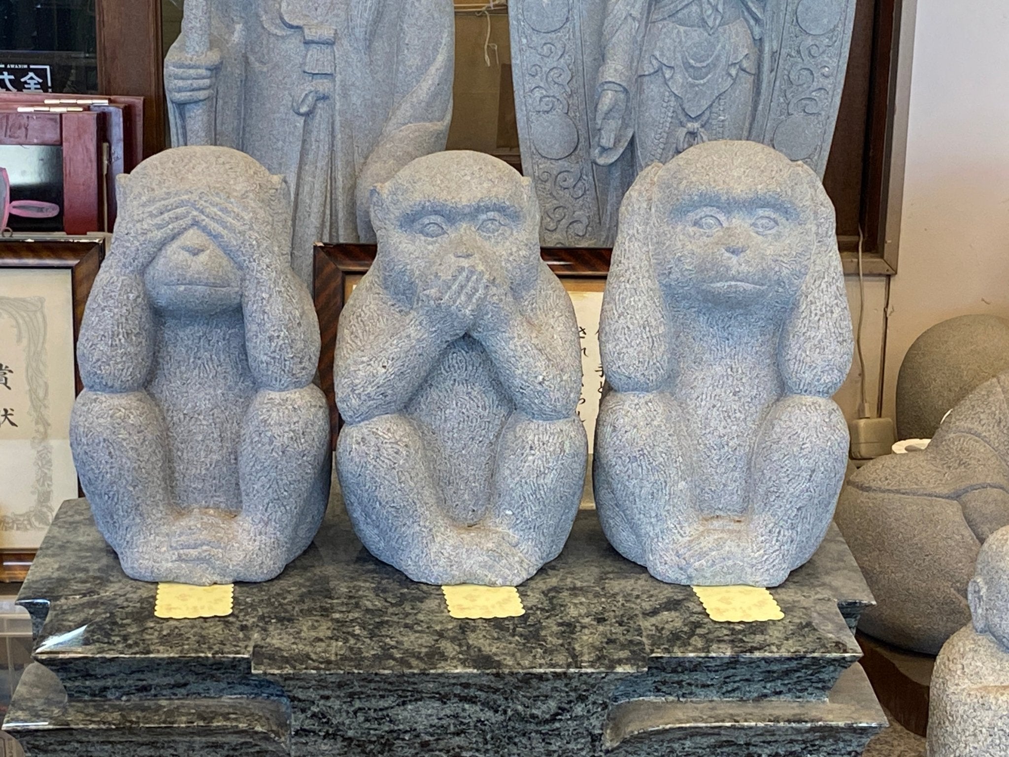 文石 Budai Seven Lucky Gods Jizo Granite Stone Sculpture Handmade