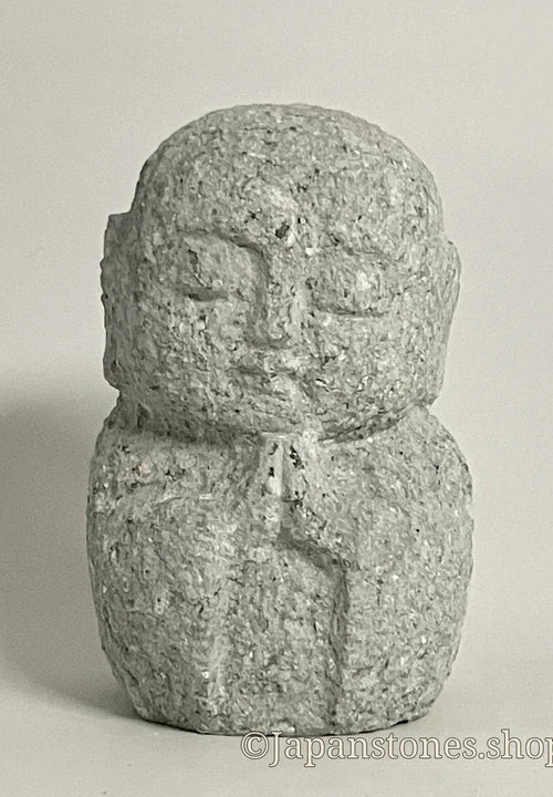 Gray Gassho Jizo Statue Tatsuyama Granite Stone Sculpture Handmade Japanese
