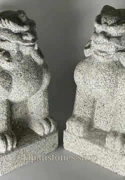 Komainu Set Statue Granite Gray Stone Sculpture Shrine Handmade Japanese Garden