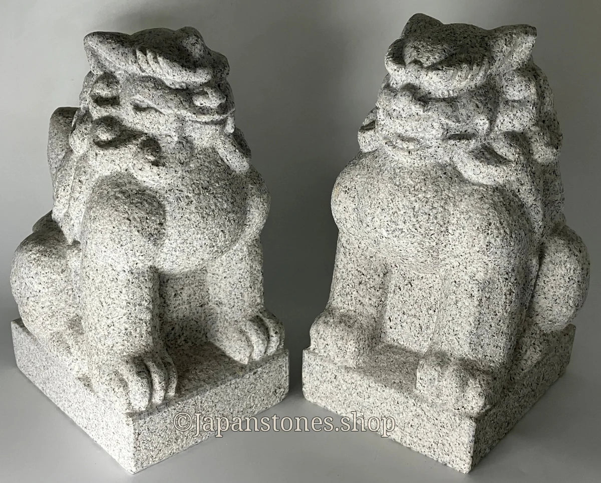 Komainu Set Statue Granite Gray Stone Sculpture Shrine Handmade Japanese Garden — product photo 1 of 36