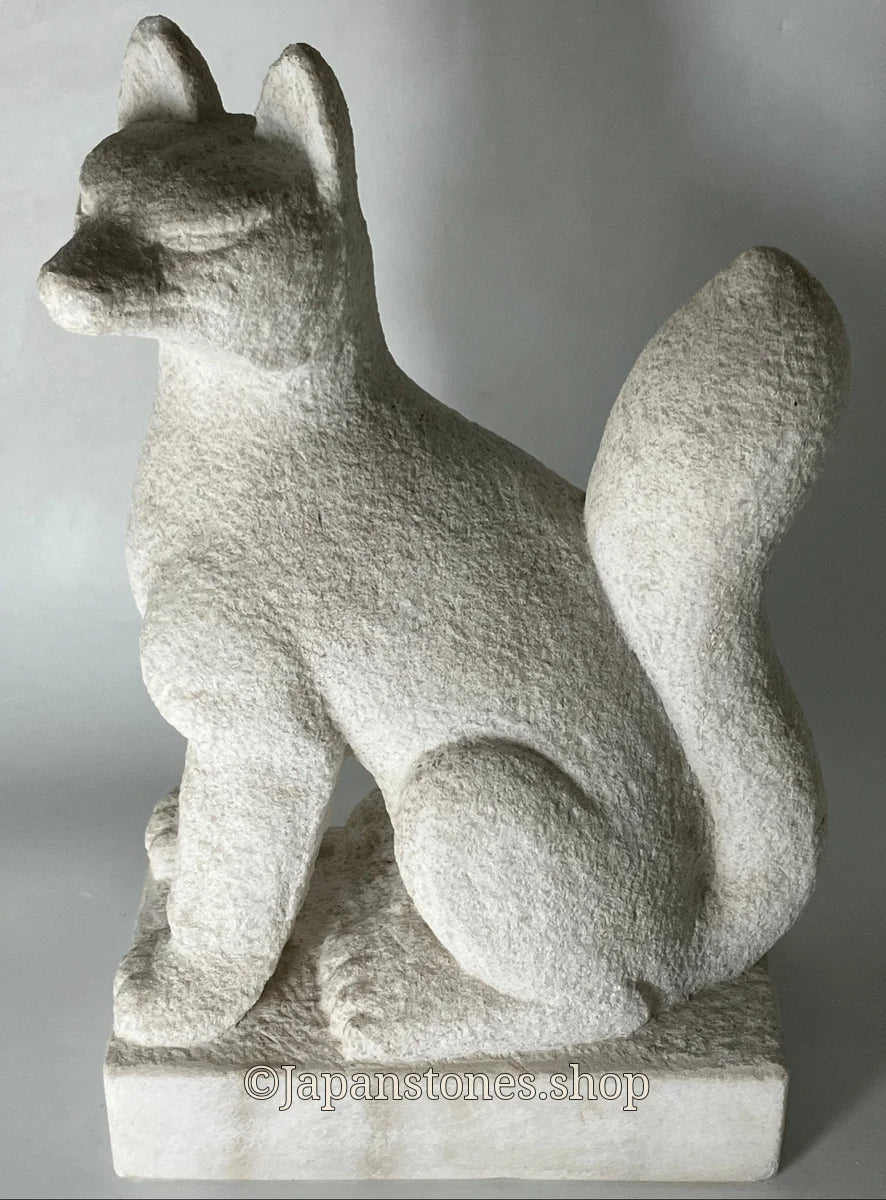 White fox Inari statue, Japanese kitsune guardian, Italian marble, front view — photo 1 of 25