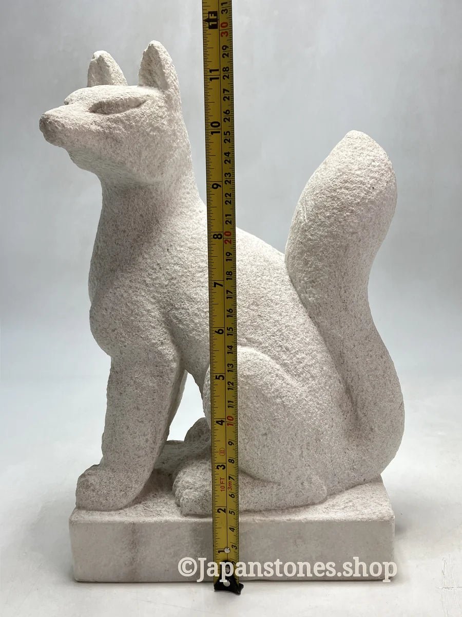 White fox Inari statue, Japanese kitsune guardian, Italian marble, front view — photo 2 of 25
