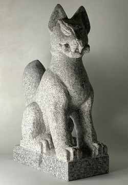 Fox Statue Granite Gray Stone Sculpture Inari Shrine Handmade Japanese Garden