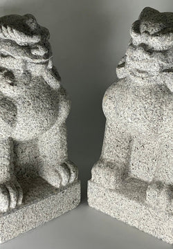 Komainu Set Statue Granite Gray Stone Sculpture Shrine Handmade Japanese Garden