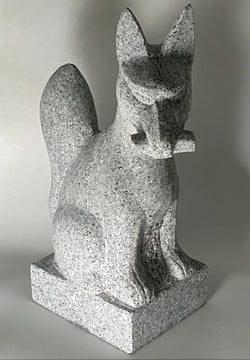Fox Statue Granite Gray Stone Sculpture Inari Shrine Handmade Japanese Garden